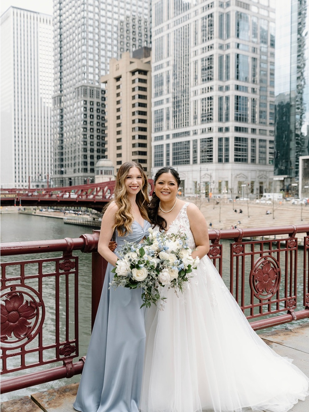 Azazie Dusty Blue Satin Bridesmaid Gown with V-Neck